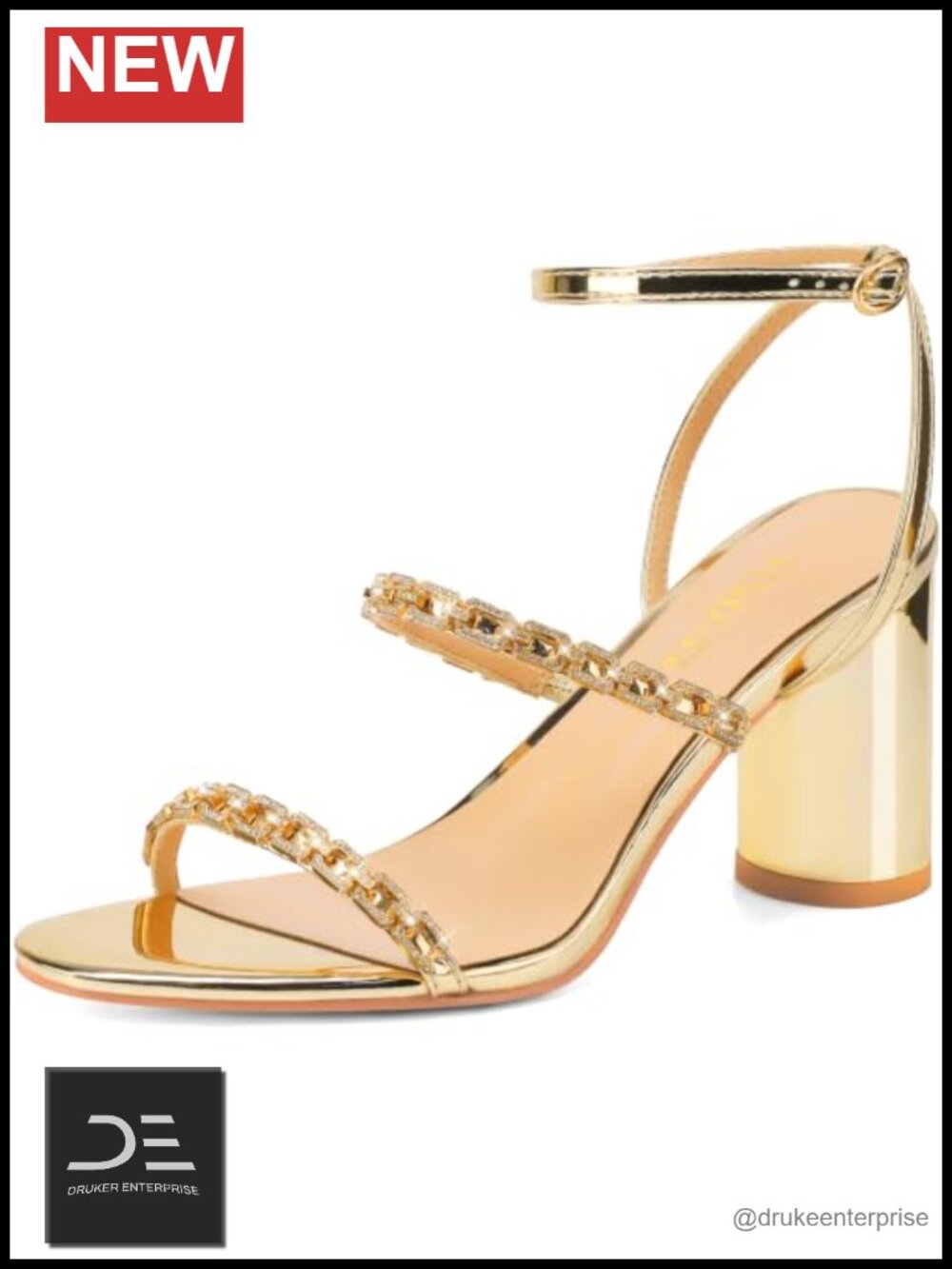 Women's Strappy Rhinestone Chain Chunky Block Heel Sandals Round Open Toe Gold